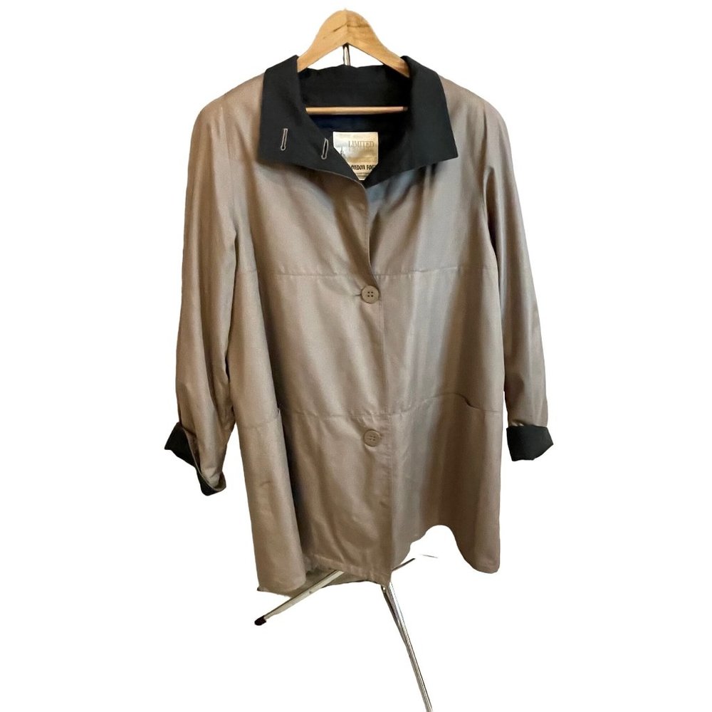 London Fog Lined Raincoat Tan with Black Zip Out lining, 14 but fits 16-18